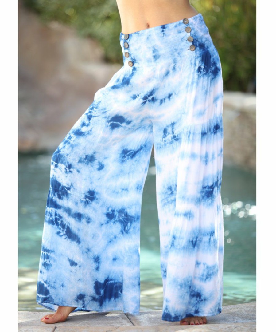 Women * | Ananda'S Collection | Turquoise Tie-Dye Button-Accent Wide-Leg Palazzo Pants Women