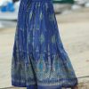 Women * | Ananda'S Collection | Denim Blue & Gold Floral Drawstring Maxi Skirt Women