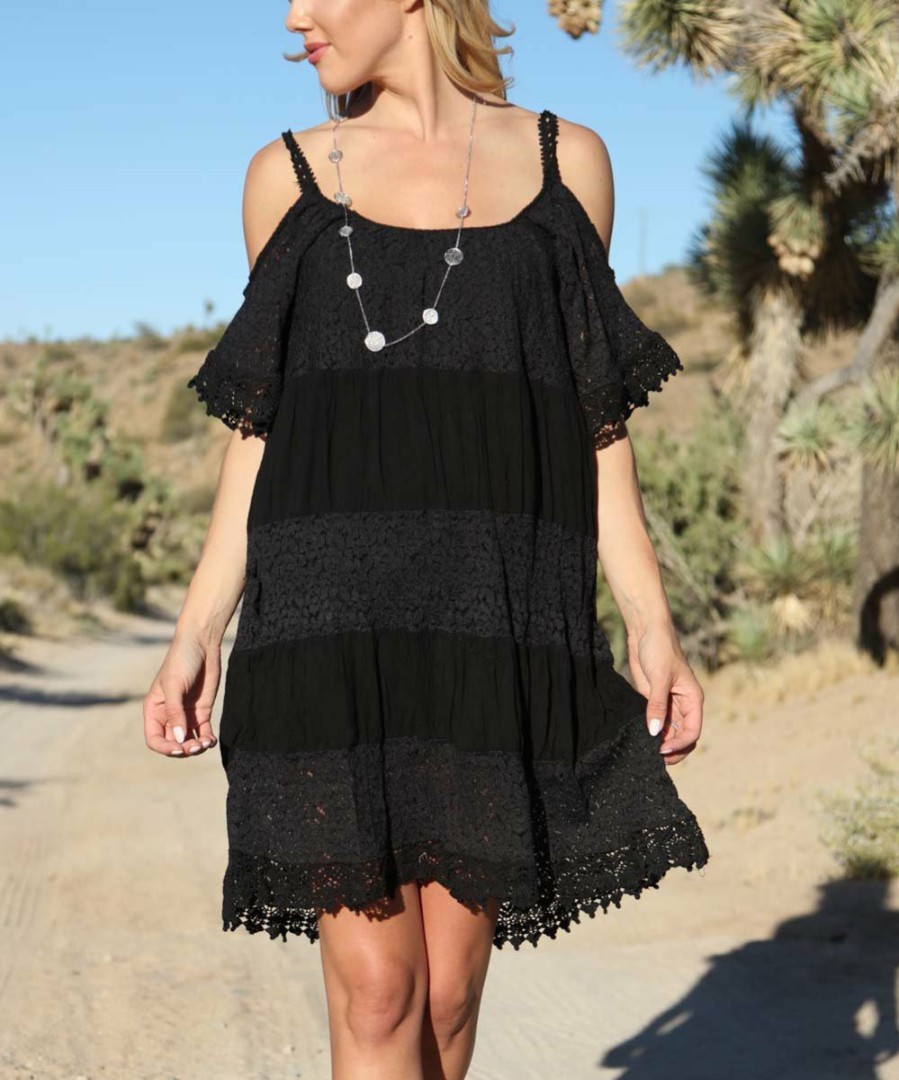 Women * | Ananda'S Collection | Black Crochet-Accent Cold-Shoulder Shift Dress Women