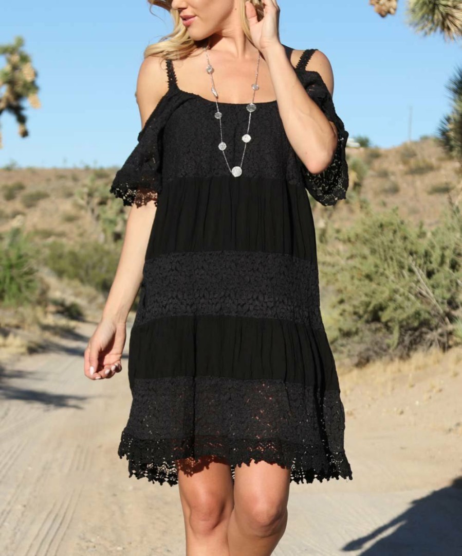 Women * | Ananda'S Collection | Black Crochet-Accent Cold-Shoulder Shift Dress Women