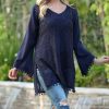 Women * | Ananda'S Collection | Navy Semi-Sheer Bell-Sleeve Peasant Tunic Women