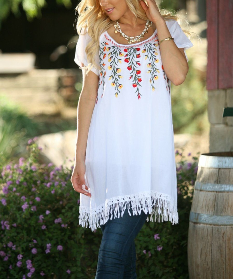 Women * | Ananda'S Collection | White Floral Tassel Hem Tunic Women