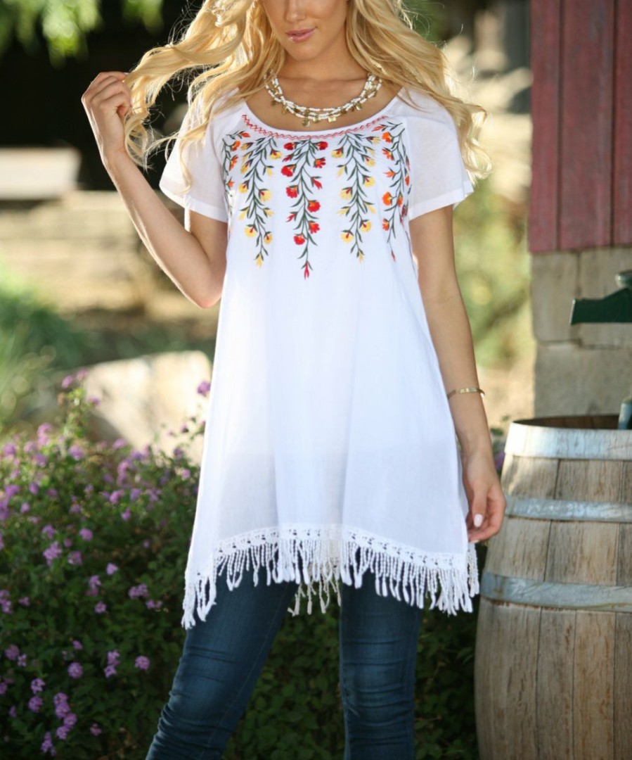 Women * | Ananda'S Collection | White Floral Tassel Hem Tunic Women