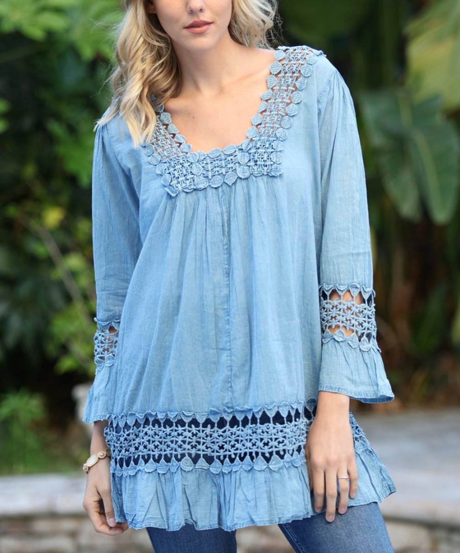 Women * | Ananda'S Collection | Light Blue Lace Cut Out Tunic Women