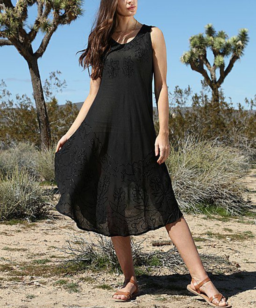 Women * | Ananda'S Collection | Black Embroidered Floral Semi-Sheer Shift Dress Women