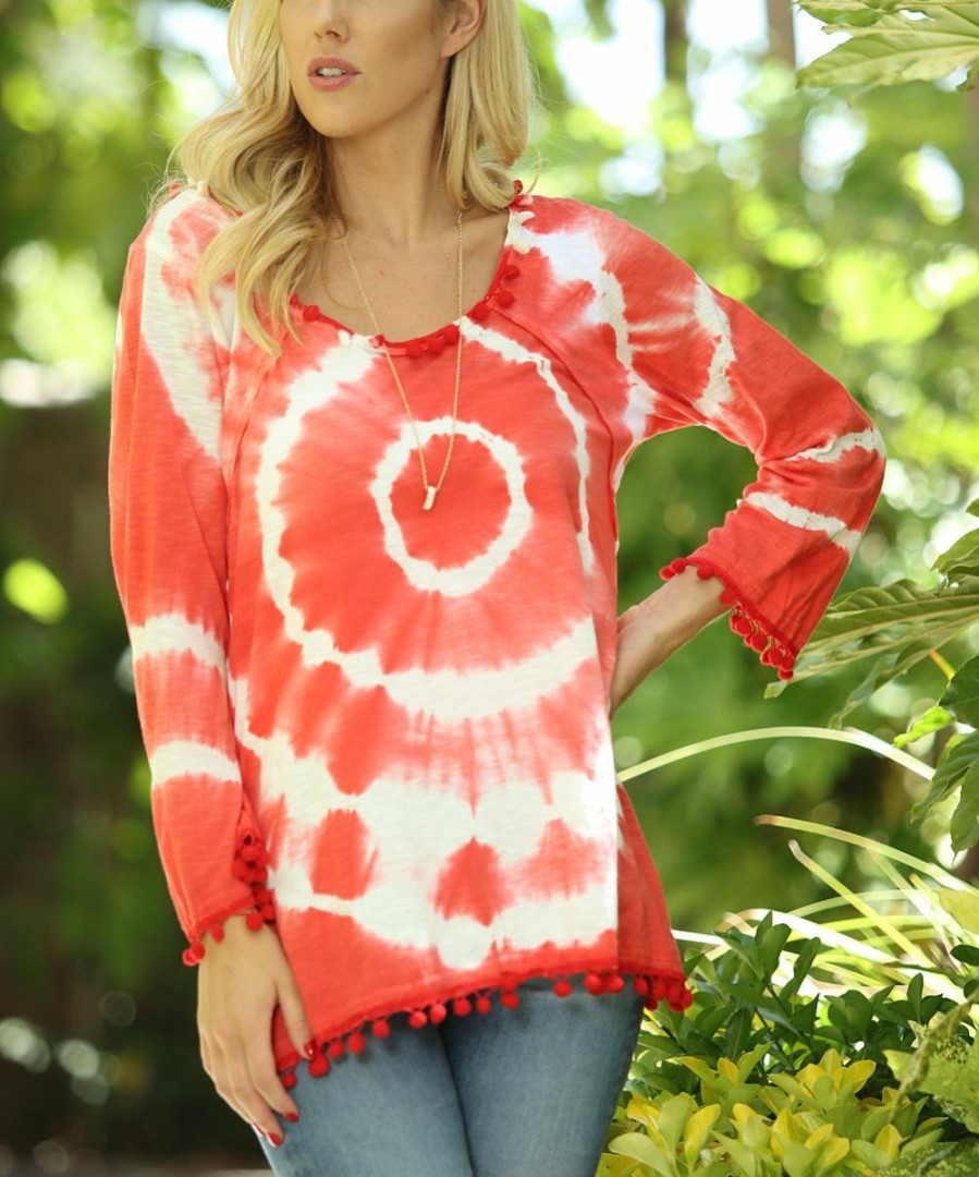 Women * | Ananda'S Collection | Coral Tie-Dye Pom-Pom Trim Tunic Women