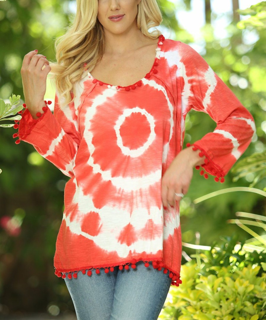 Women * | Ananda'S Collection | Coral Tie-Dye Pom-Pom Trim Tunic Women