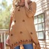 Women * | Ananda'S Collection | Almond Brown Embroidered Button-Sleeve Tunic Women