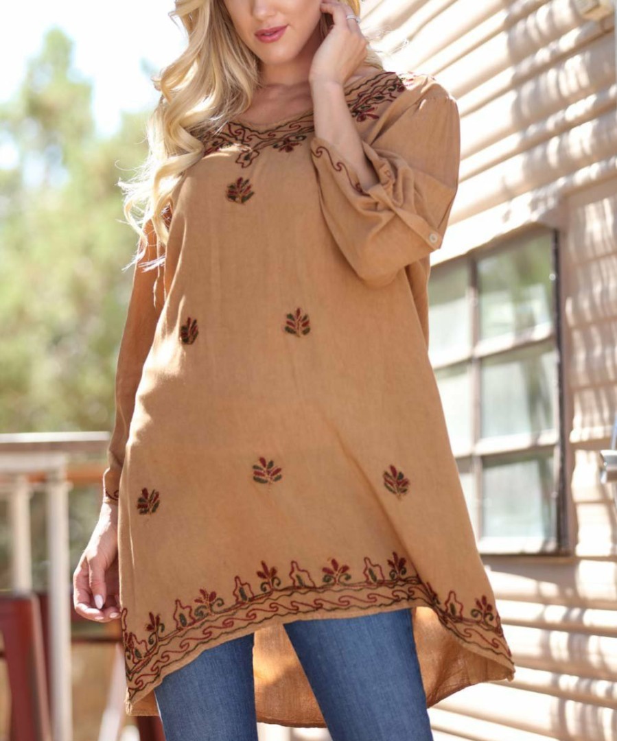 Women * | Ananda'S Collection | Almond Brown Embroidered Button-Sleeve Tunic Women