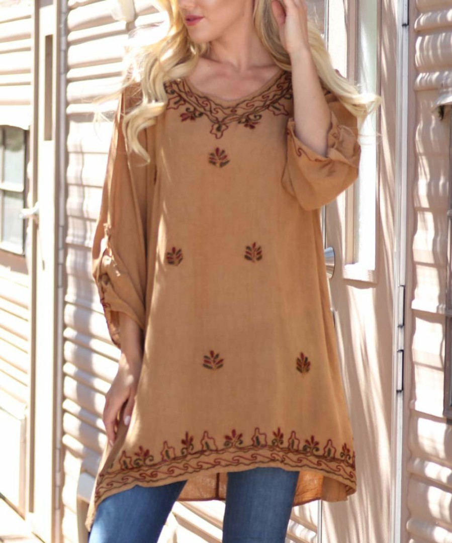 Women * | Ananda'S Collection | Almond Brown Embroidered Button-Sleeve Tunic Women