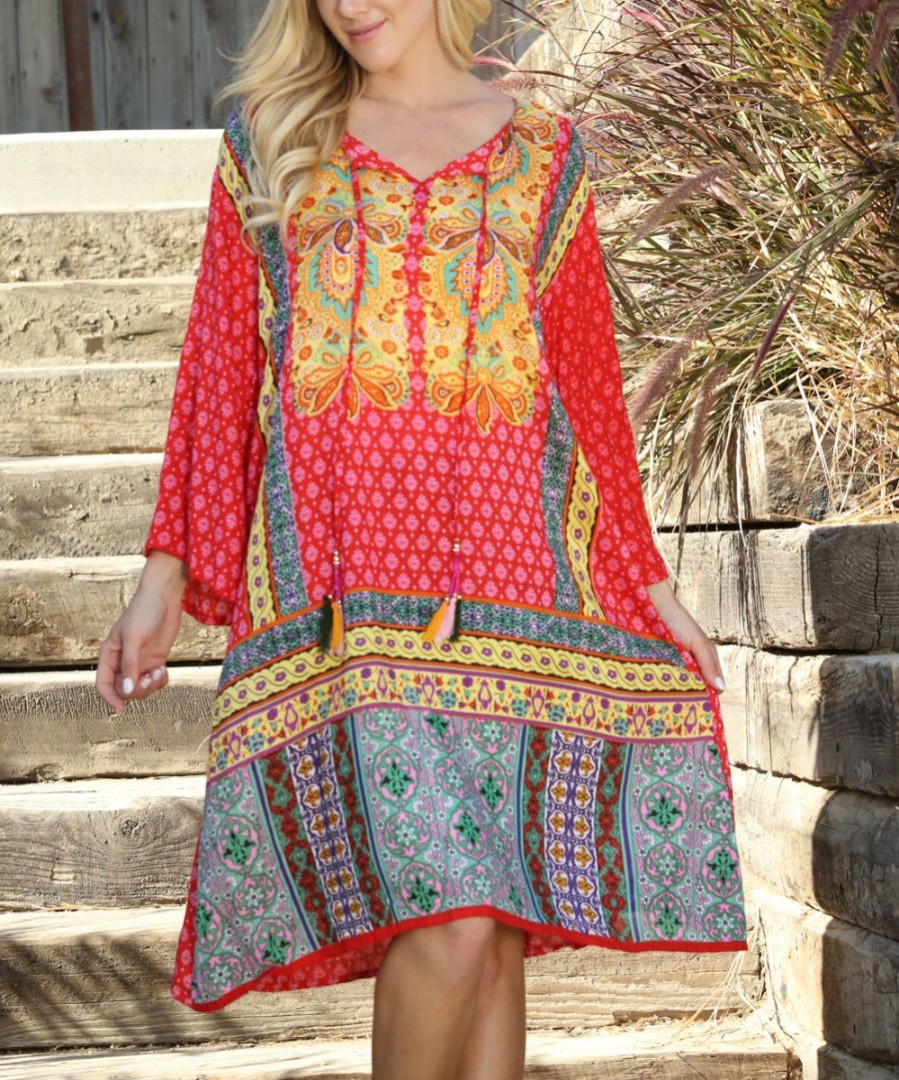 Women * | Ananda'S Collection | Red & Yellow Patchwork Long-Sleeve Shift Dress Women