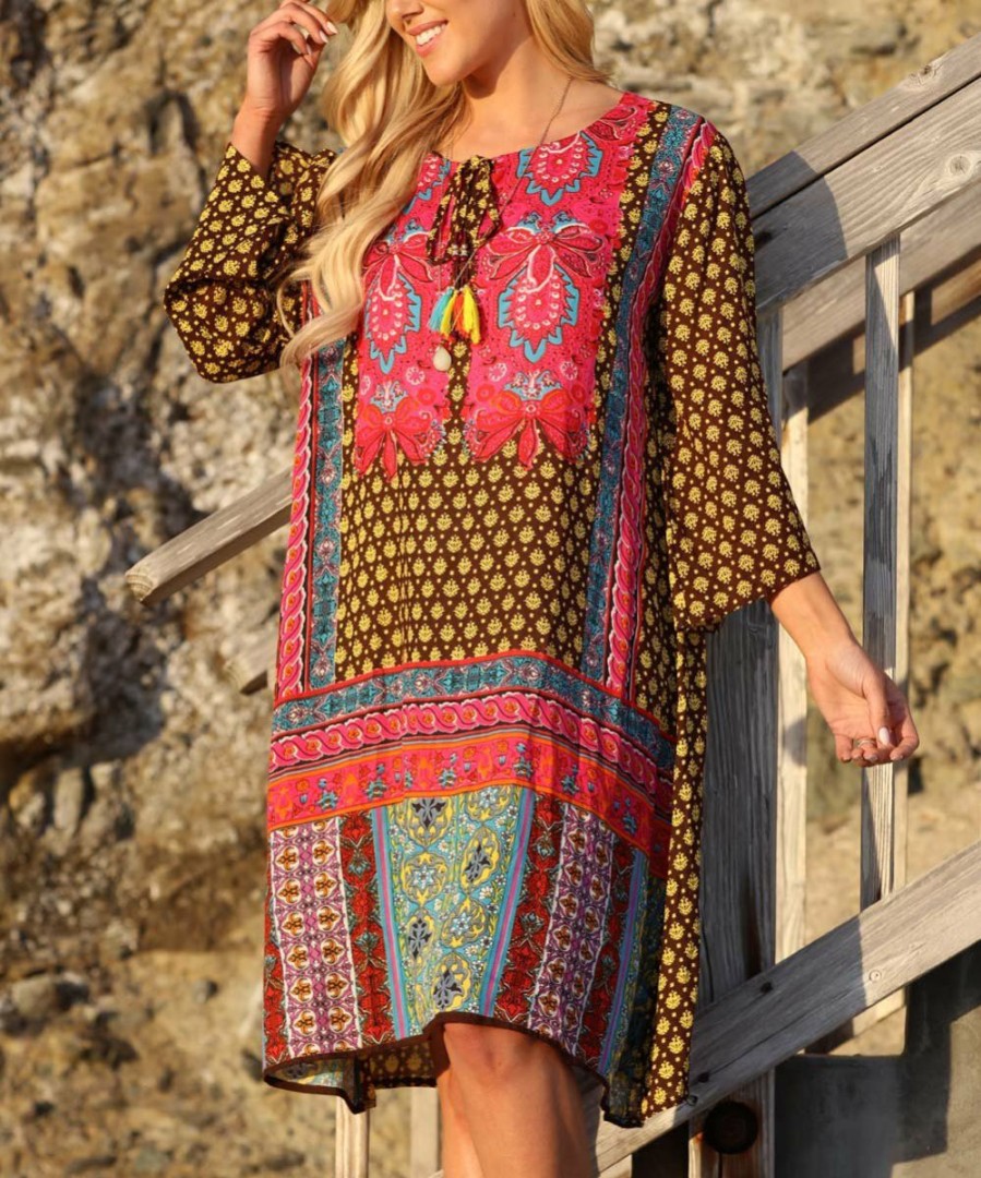 Women * | Ananda'S Collection | Brown & Pink Patchwork Long-Sleeve Shift Dress Women