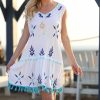 Women * | Ananda'S Collection | White & Turquoise Embroidered Tassel-Accent Sleeveless Shift Dress Women