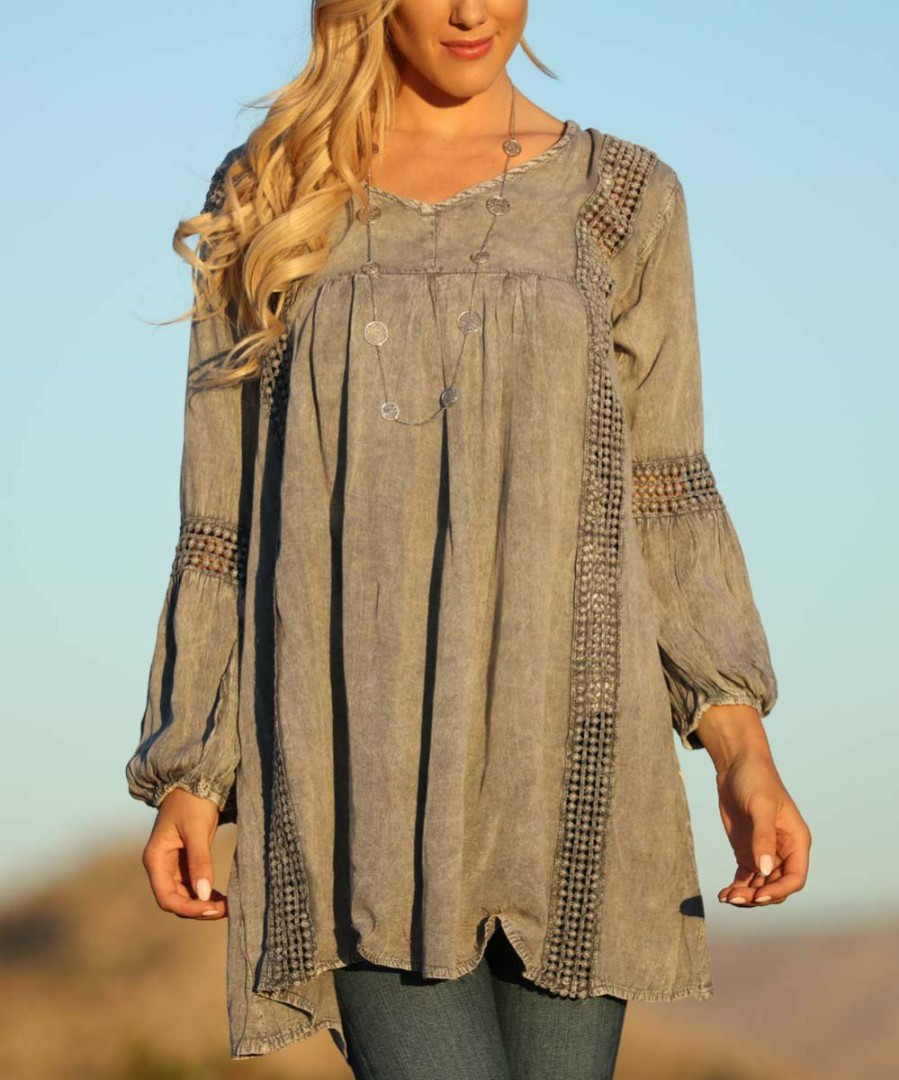 Women * | Ananda'S Collection | Gray Crochet-Accent Long-Sleeve Tunic Women & Plus