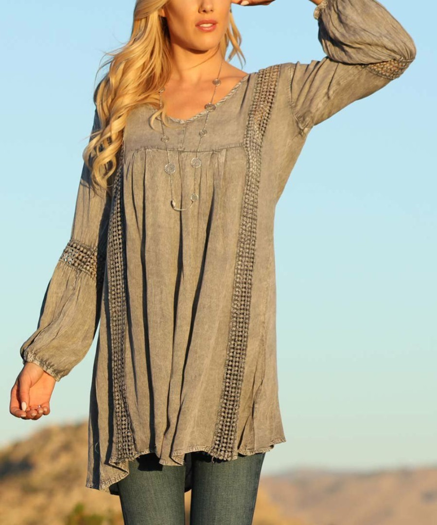 Women * | Ananda'S Collection | Gray Crochet-Accent Long-Sleeve Tunic Women & Plus