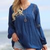 Women * | Ananda'S Collection | Denim Blue Crochet-Inlay Pleated Swing Tunic Women