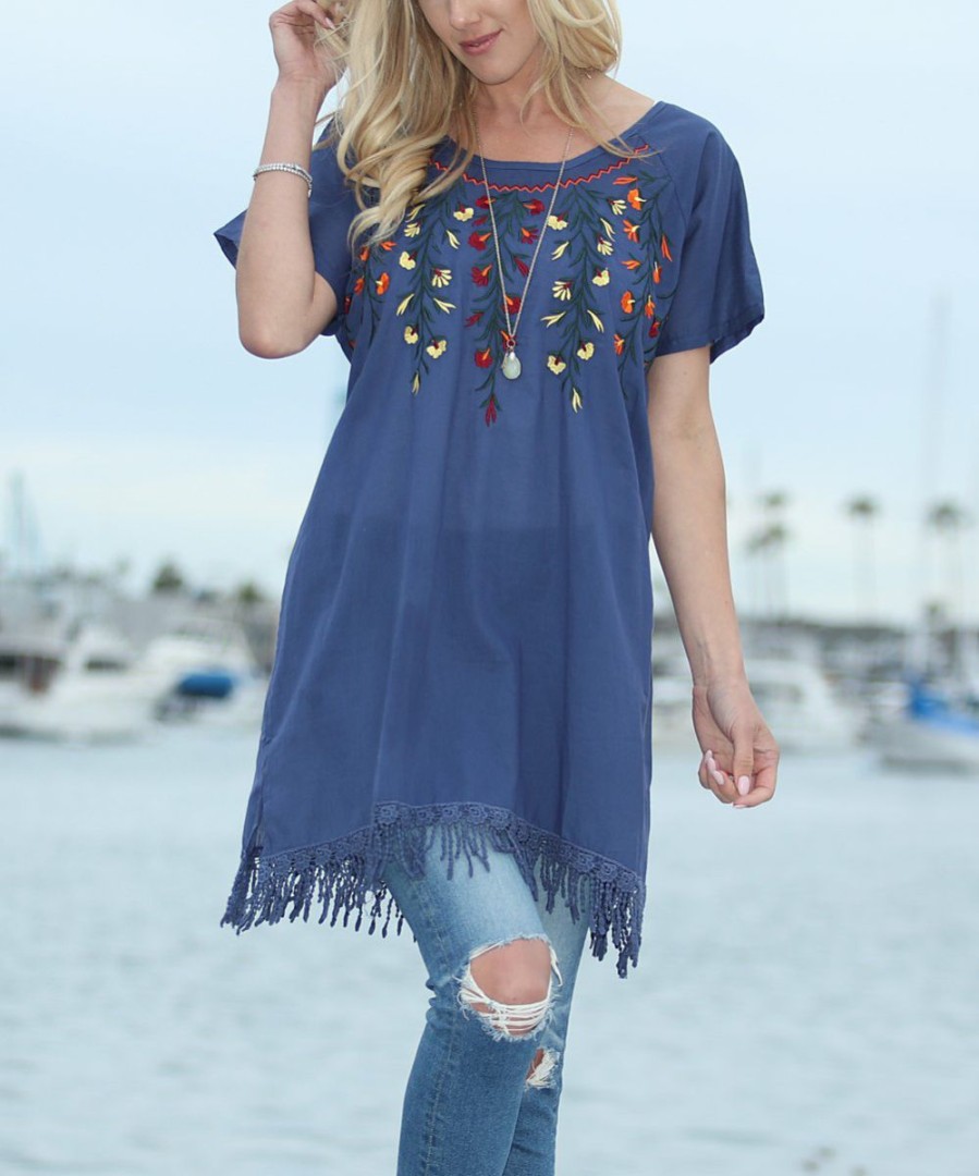 Women * | Ananda'S Collection | Blue Floral Embroidered Short-Sleeve Tunic Women