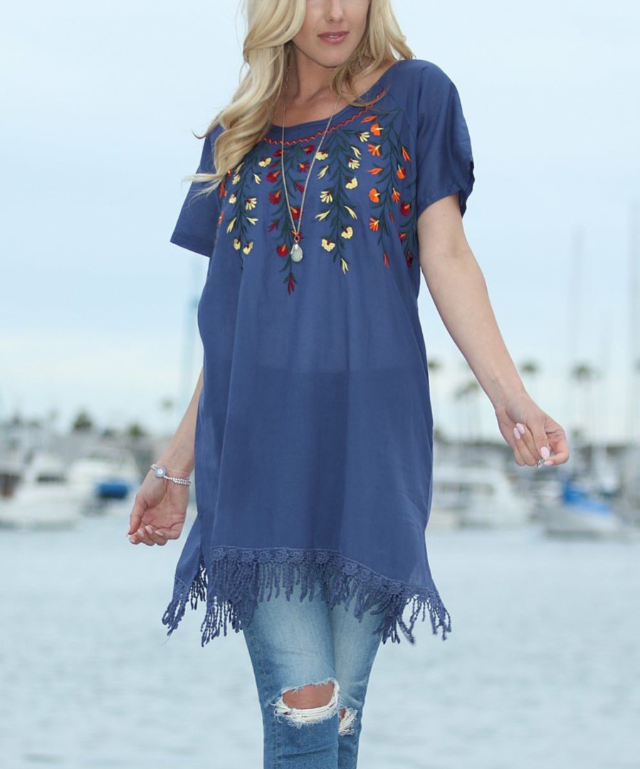 Women * | Ananda'S Collection | Blue Floral Embroidered Short-Sleeve Tunic Women