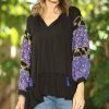 Women * | Ananda'S Collection | Black & Blue Abstract Peasant Top Women