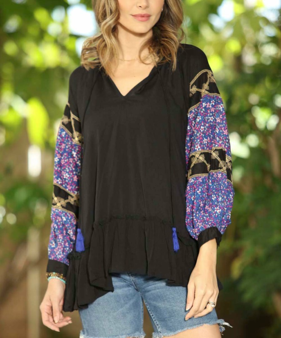 Women * | Ananda'S Collection | Black & Blue Abstract Peasant Top Women