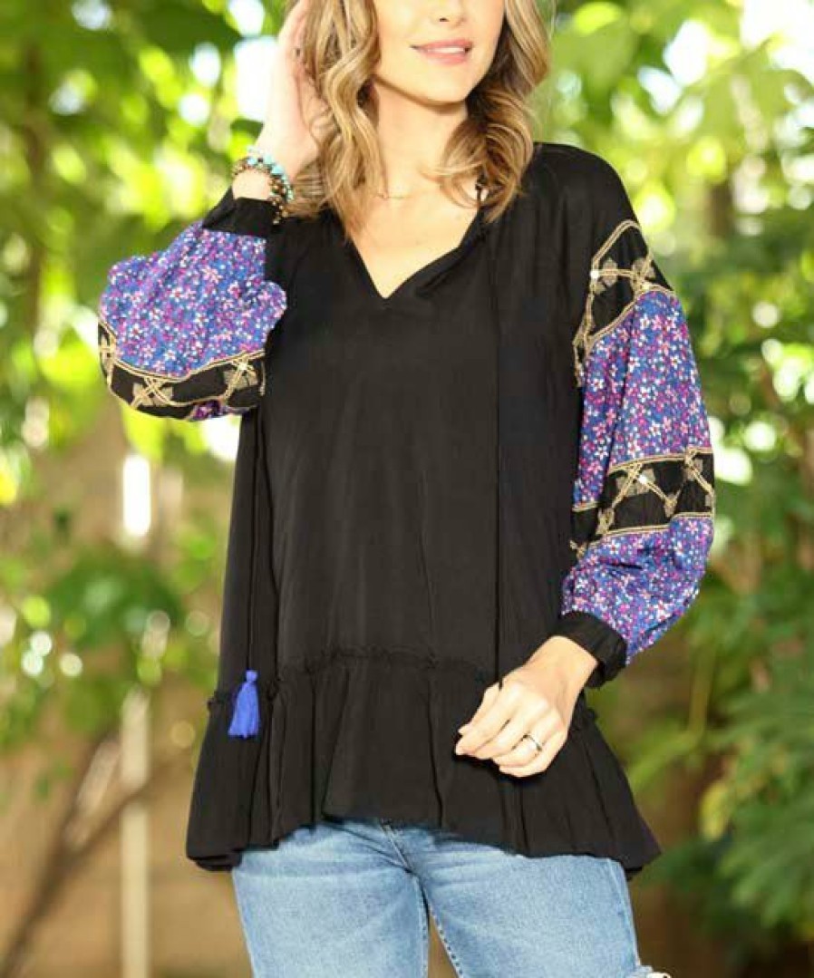 Women * | Ananda'S Collection | Black & Blue Abstract Peasant Top Women