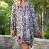 Women * | Ananda'S Collection | White & Black Floral Notch Neck Bell-Sleeve Shift Dress Women