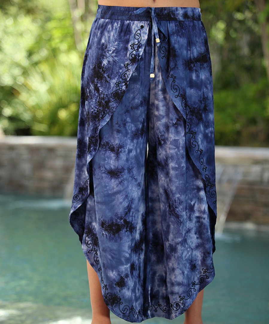 Women * | Ananda'S Collection | Blue Tie-Dye Wrap Gaucho Pants Women