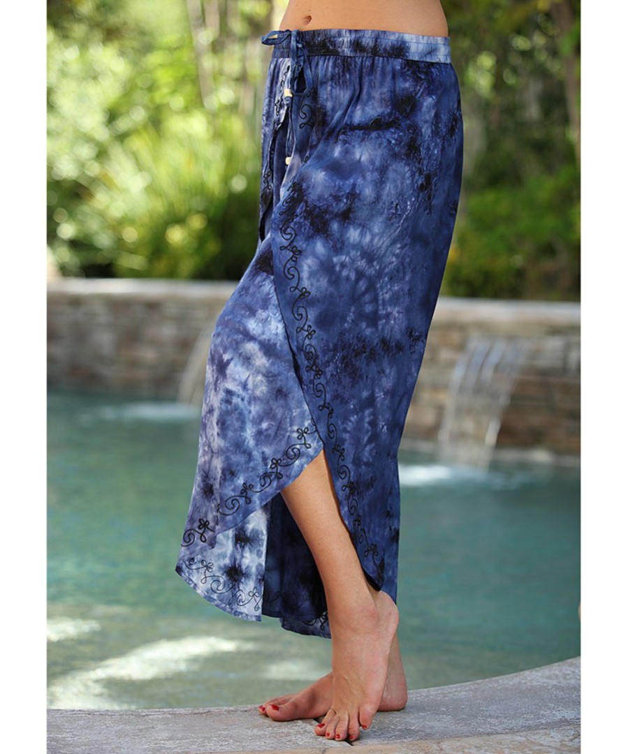 Women * | Ananda'S Collection | Blue Tie-Dye Wrap Gaucho Pants Women