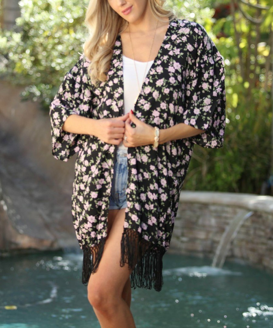 Women * | Ananda'S Collection | Black & Pale Pink Floral Tasseled Kimono Women