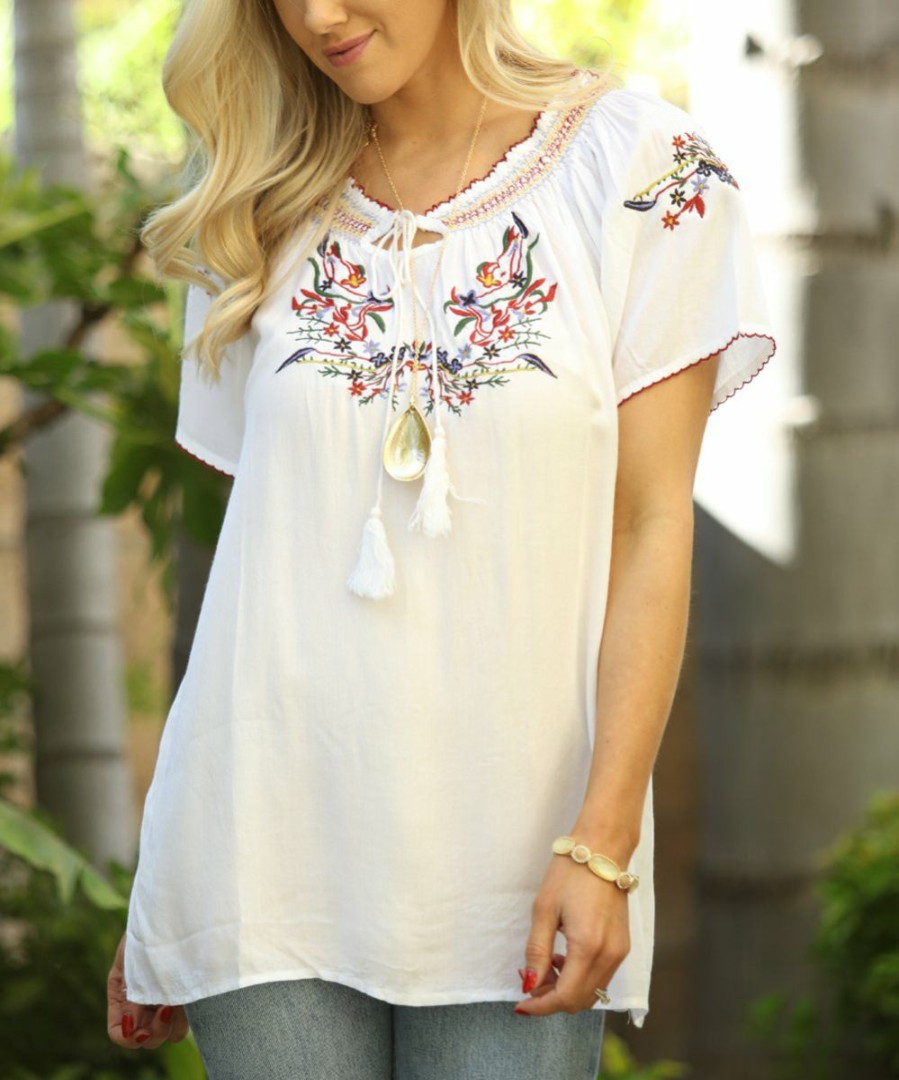 Women * | Ananda'S Collection | White Floral Embroidered Tie-Neck Tunic Women