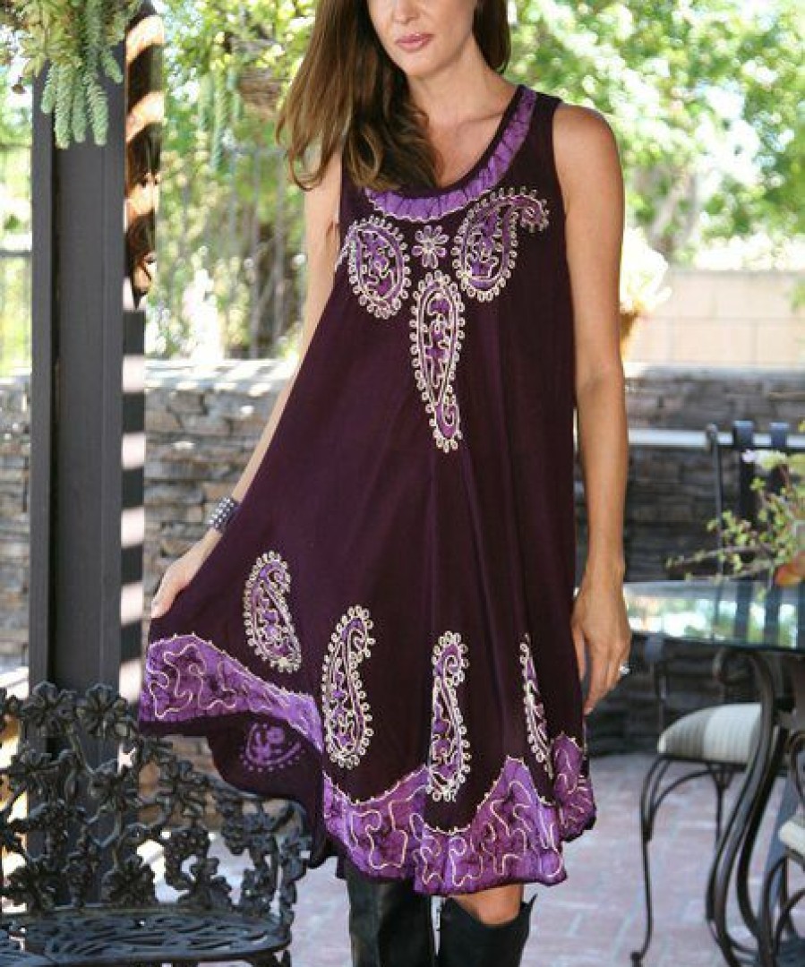 Women * | Ananda'S Collection | Dark Purple Paisley Embroidered Sleeveless Shift Dress Women