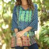 Women * | Ananda'S Collection | Aqua Patchwork Three-Quarter Sleeve Tunic Women