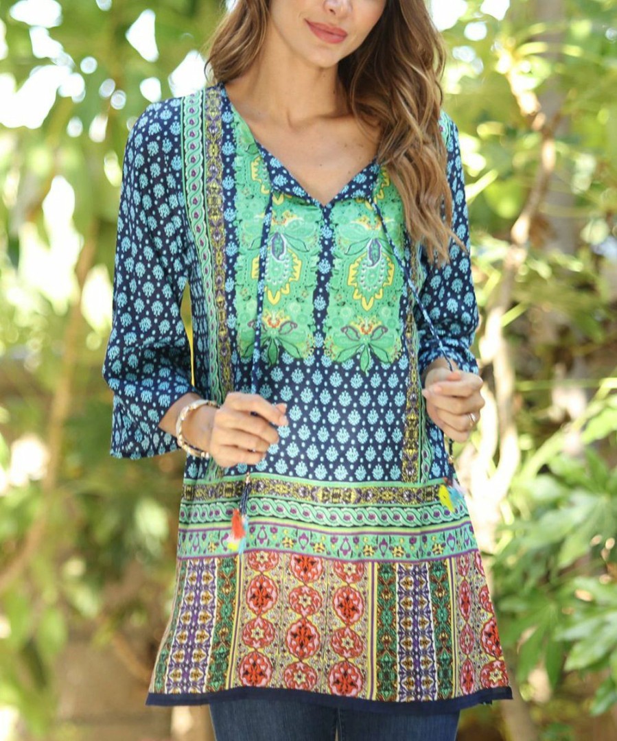 Women * | Ananda'S Collection | Aqua Patchwork Three-Quarter Sleeve Tunic Women