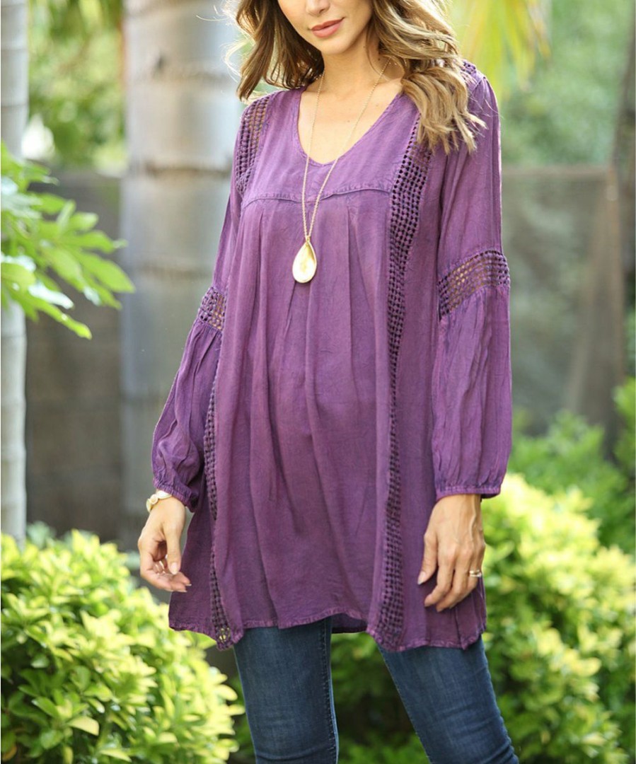 Women * | Ananda'S Collection | Purple Sheer-Accent Long-Sleeve Tunic Dress Women