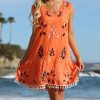 Women * | Ananda'S Collection | Peach Floral Embroidered Tassel-Hem Sleeveless Dress Women