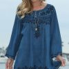 Women * | Ananda'S Collection | Denim Blue Floral Embroidered Button-Up Tunic Women & Plus