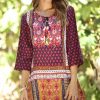 Women * | Ananda'S Collection | Fuchsia Patchwork Three-Quarter Sleeve Tunic Women