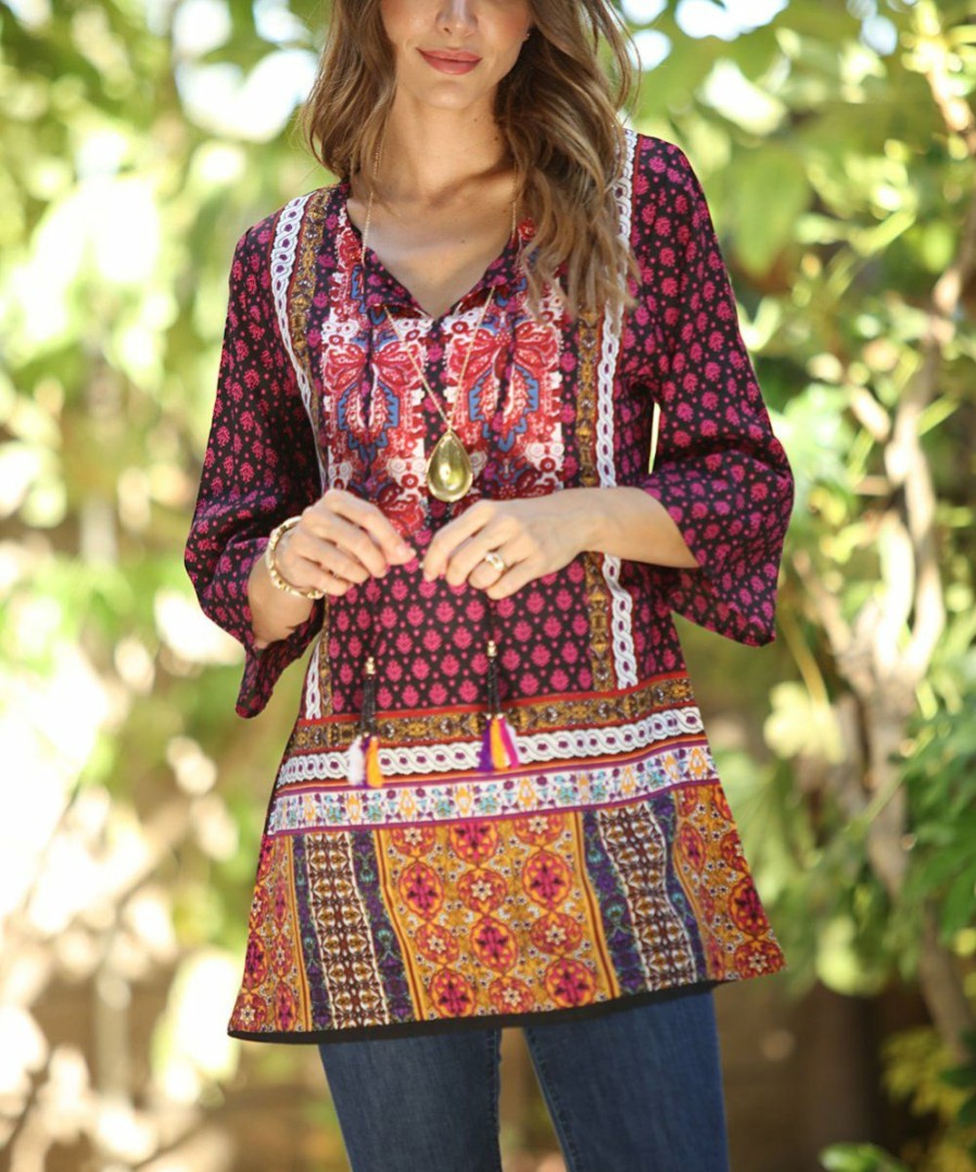 Women * | Ananda'S Collection | Fuchsia Patchwork Three-Quarter Sleeve Tunic Women