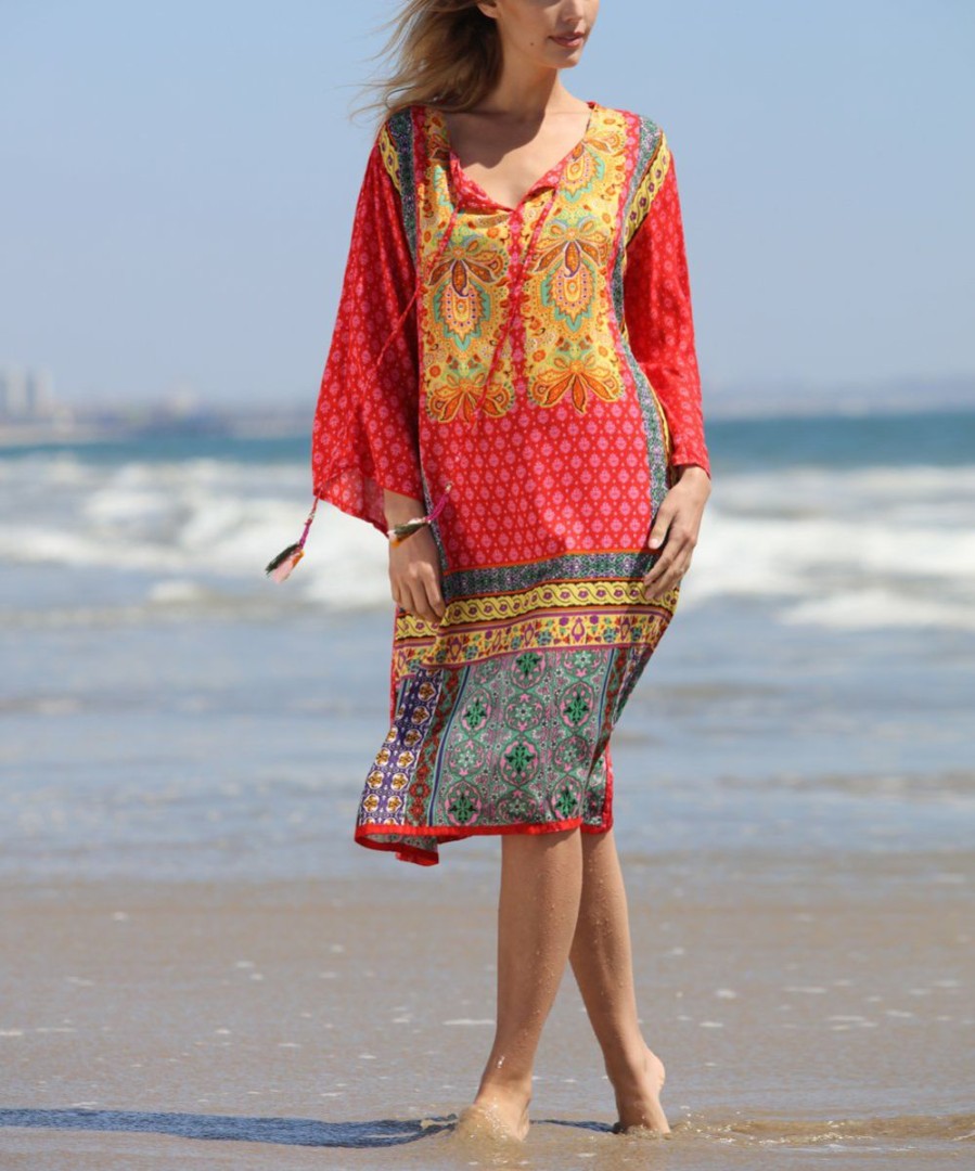 Women * | Ananda'S Collection | Red & Yellow Patchwork Geometric Long-Sleeve Shift Dress Women