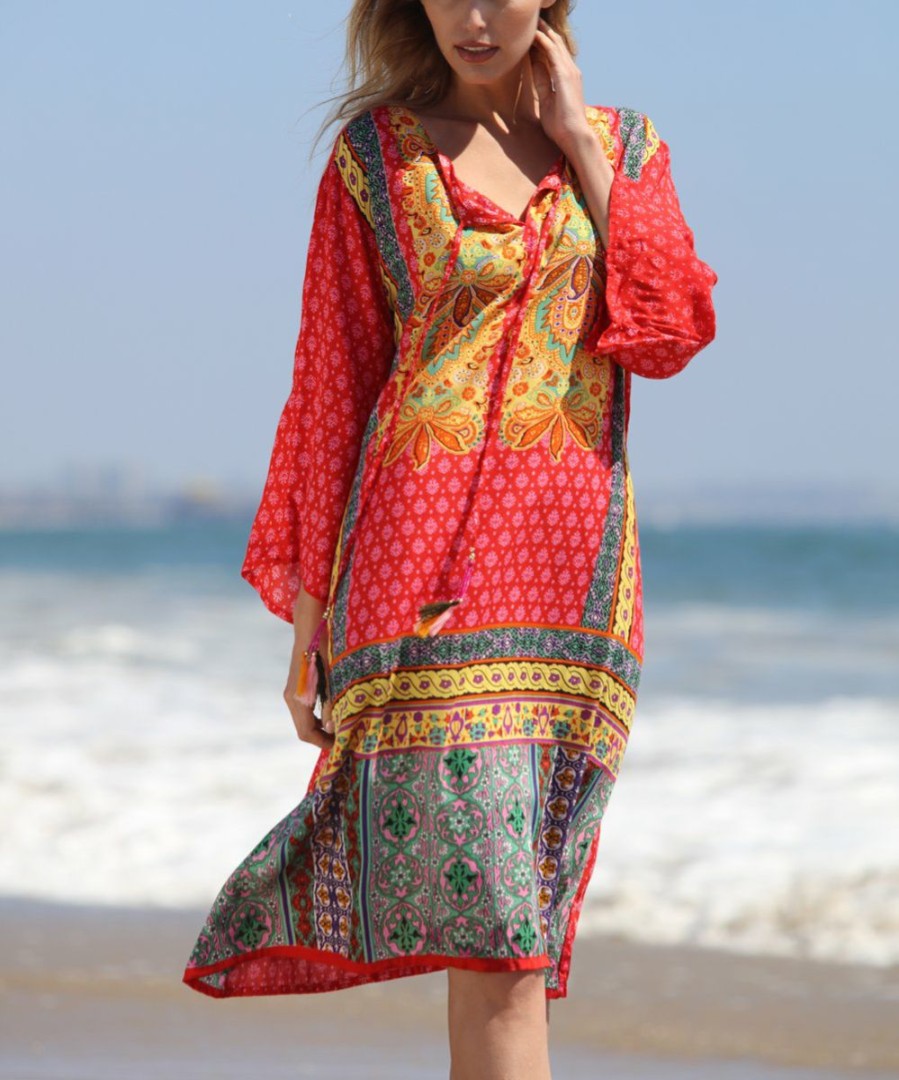 Women * | Ananda'S Collection | Red & Yellow Patchwork Geometric Long-Sleeve Shift Dress Women