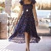 Women * | Ananda'S Collection | Navy Floral Smocked Flutter-Sleeve Hi-Low Dress Women