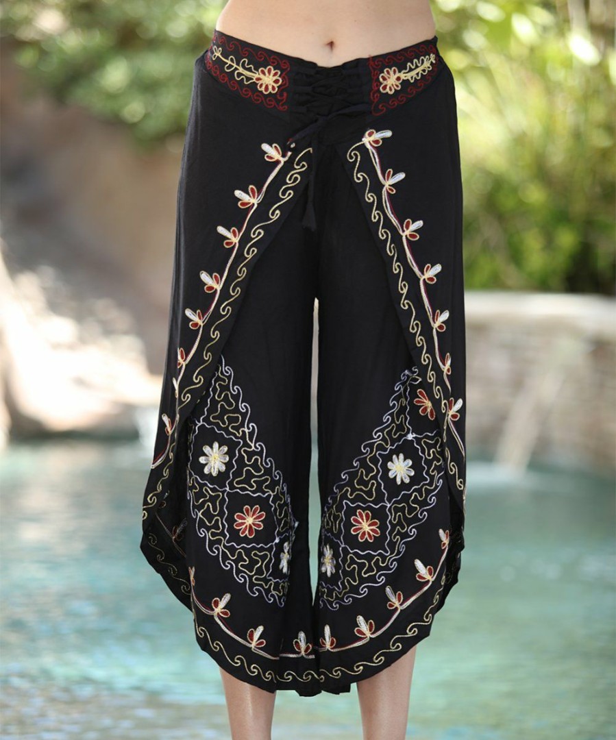 Women * | Ananda'S Collection | Black Embroidered Split Elastic-Waist Crop Pants Women