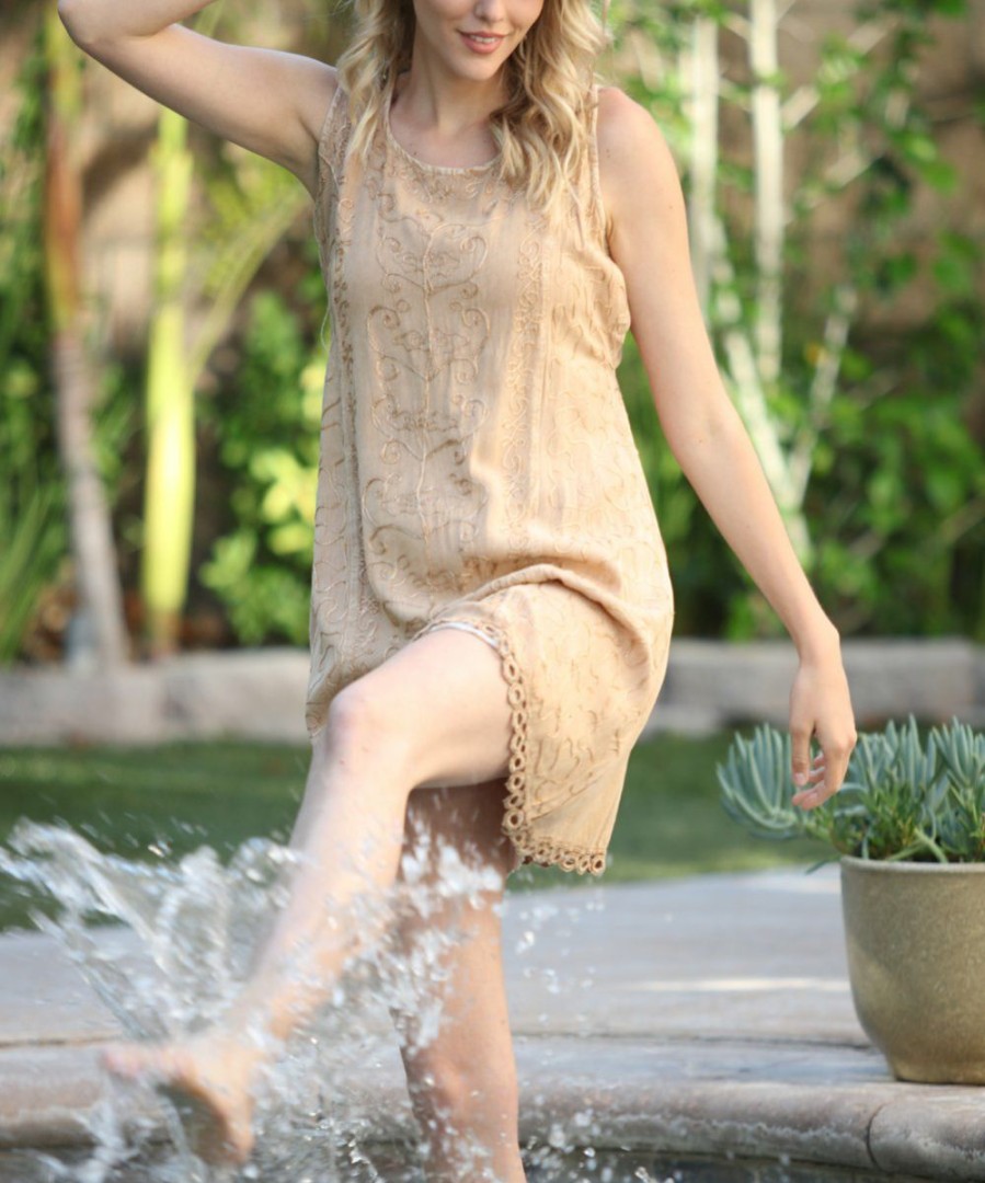 Women * | Ananda'S Collection | Beige Embroidered Sleeveless Dress Plus