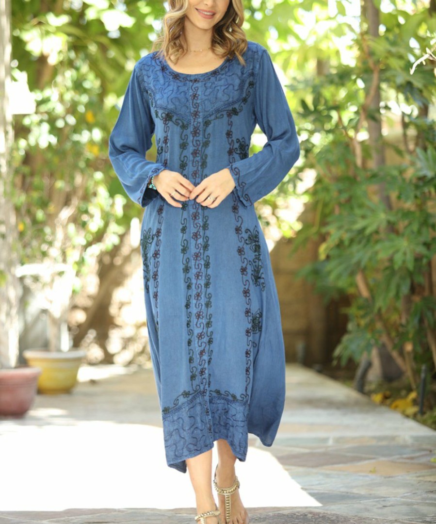 Women * | Ananda'S Collection | Blue Embroidered Back-Tie Long-Sleeve Maxi Dress Women