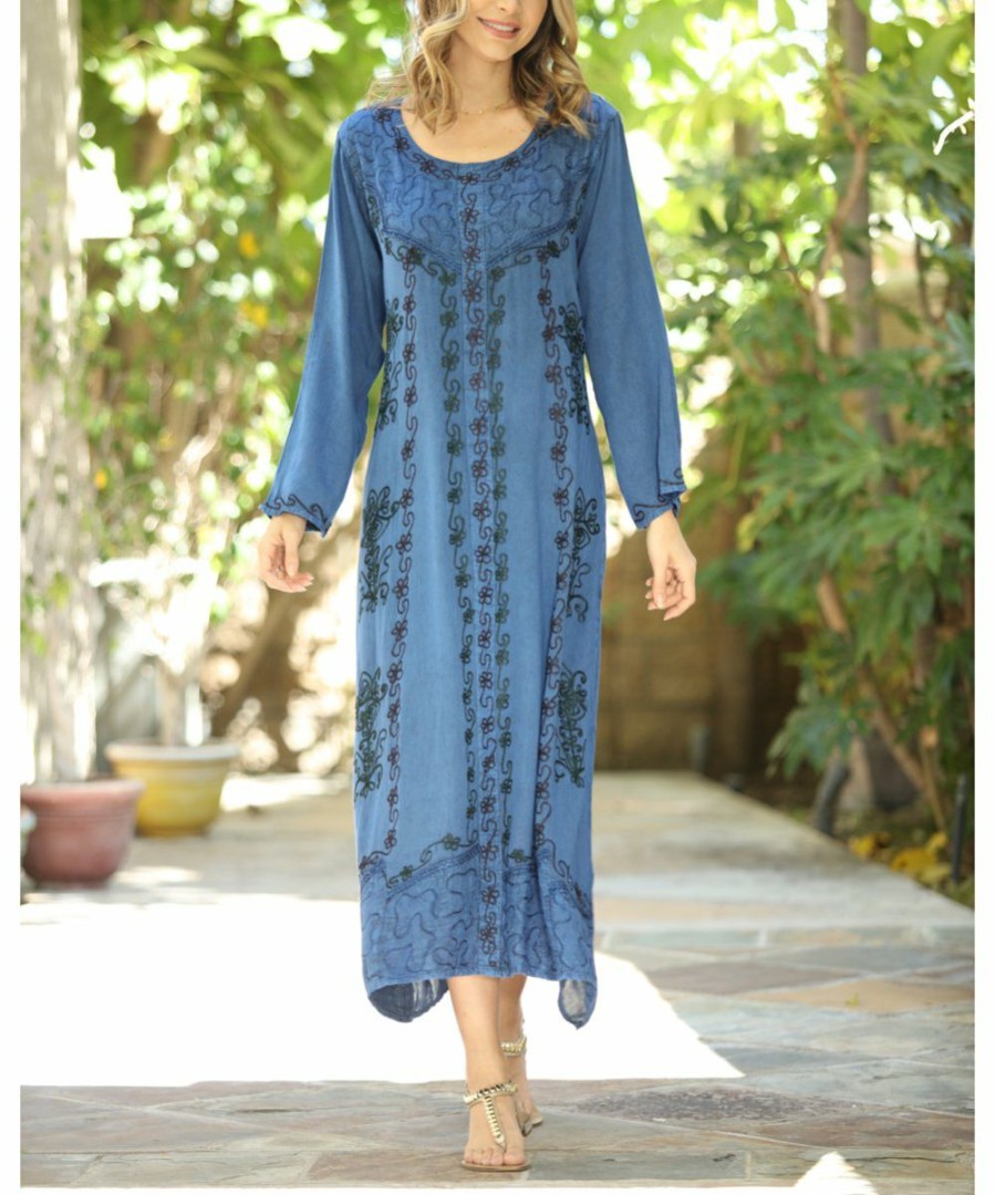 Women * | Ananda'S Collection | Blue Embroidered Back-Tie Long-Sleeve Maxi Dress Women