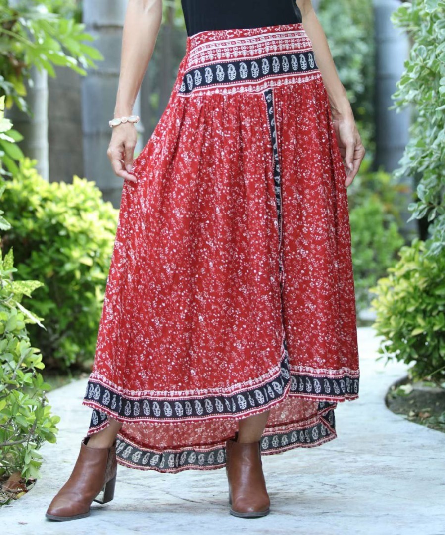 Women * | Ananda'S Collection | Rust & Black Paisley Floral Ruffle Maxi Skirt Women