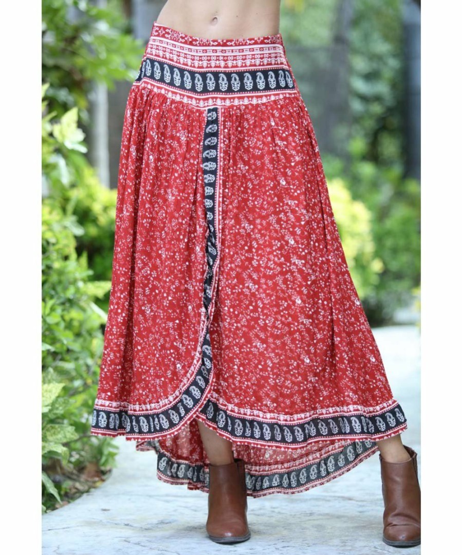 Women * | Ananda'S Collection | Rust & Black Paisley Floral Ruffle Maxi Skirt Women