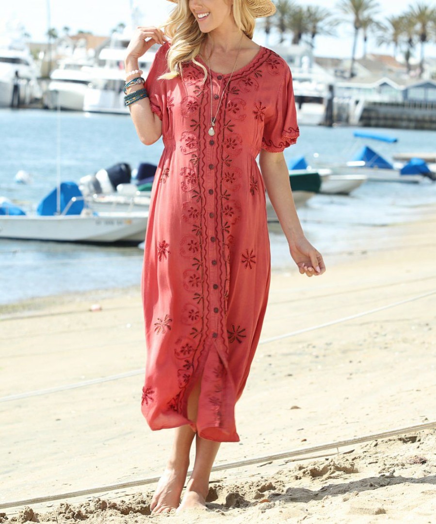 Women * | Ananda'S Collection | Rust Embroidered Button-Up Midi Dress Women