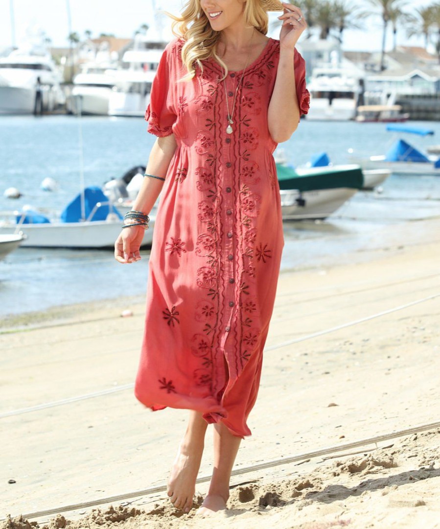 Women * | Ananda'S Collection | Rust Embroidered Button-Up Midi Dress Women