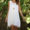 Women * | Ananda'S Collection | White Embroidered Pom-Pom Hem Sleeveless Shift Dress Women & Plus